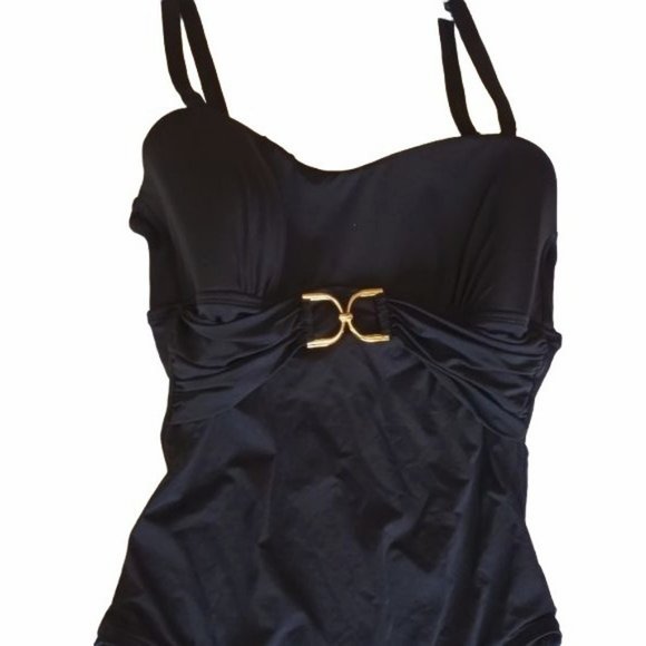 Anne Cole Empire Waist Horse Bit Buckle Black One Piece Swimsuit  8 - Picture 7 of 8